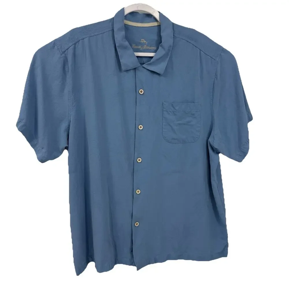 Tommy Bahama Button Shirt Size XXL Blue Silk Short Sleeve Loop Collar Coastal